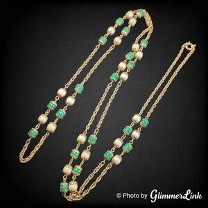 Vintage 60s Celebrity NY Long Green Bead & Faux Pearl Gold Tone Station Necklace